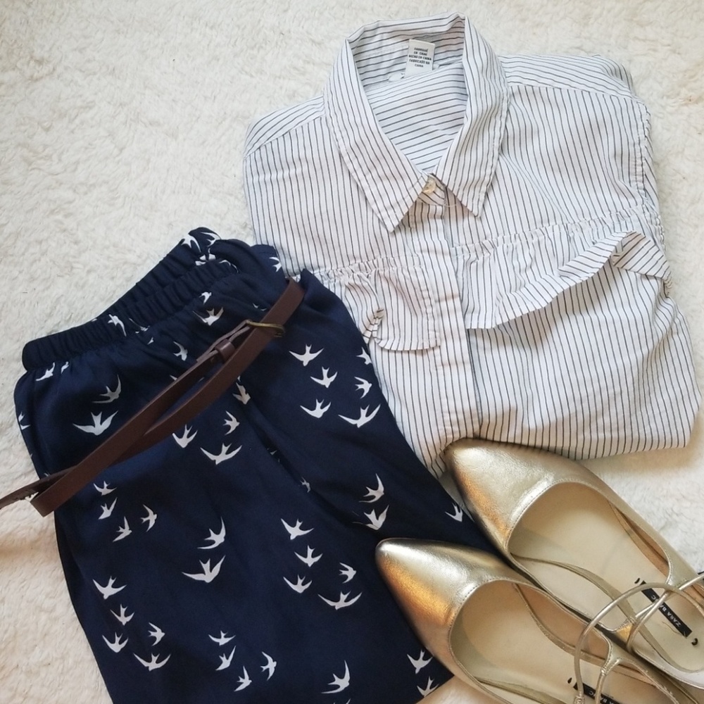 Navy bird knee length skirt